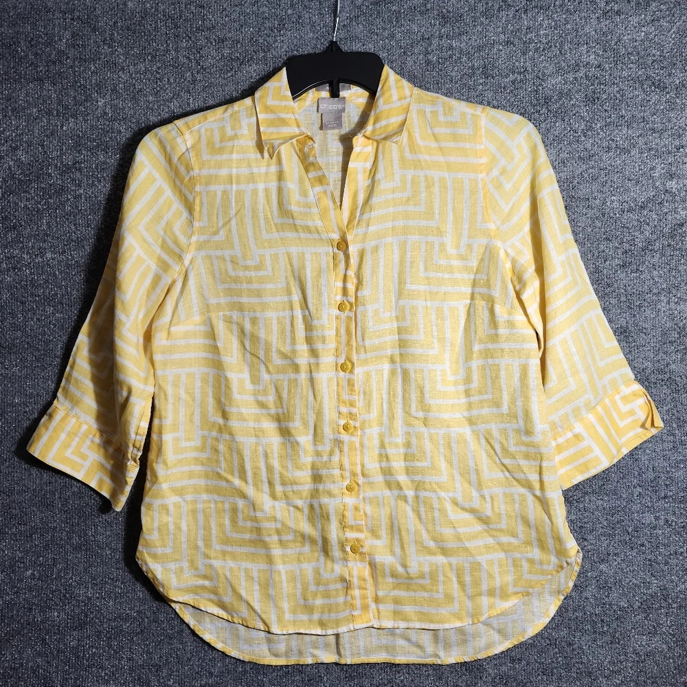 Chico's women's button-down top blouse size 4/6 yellow 100% linen